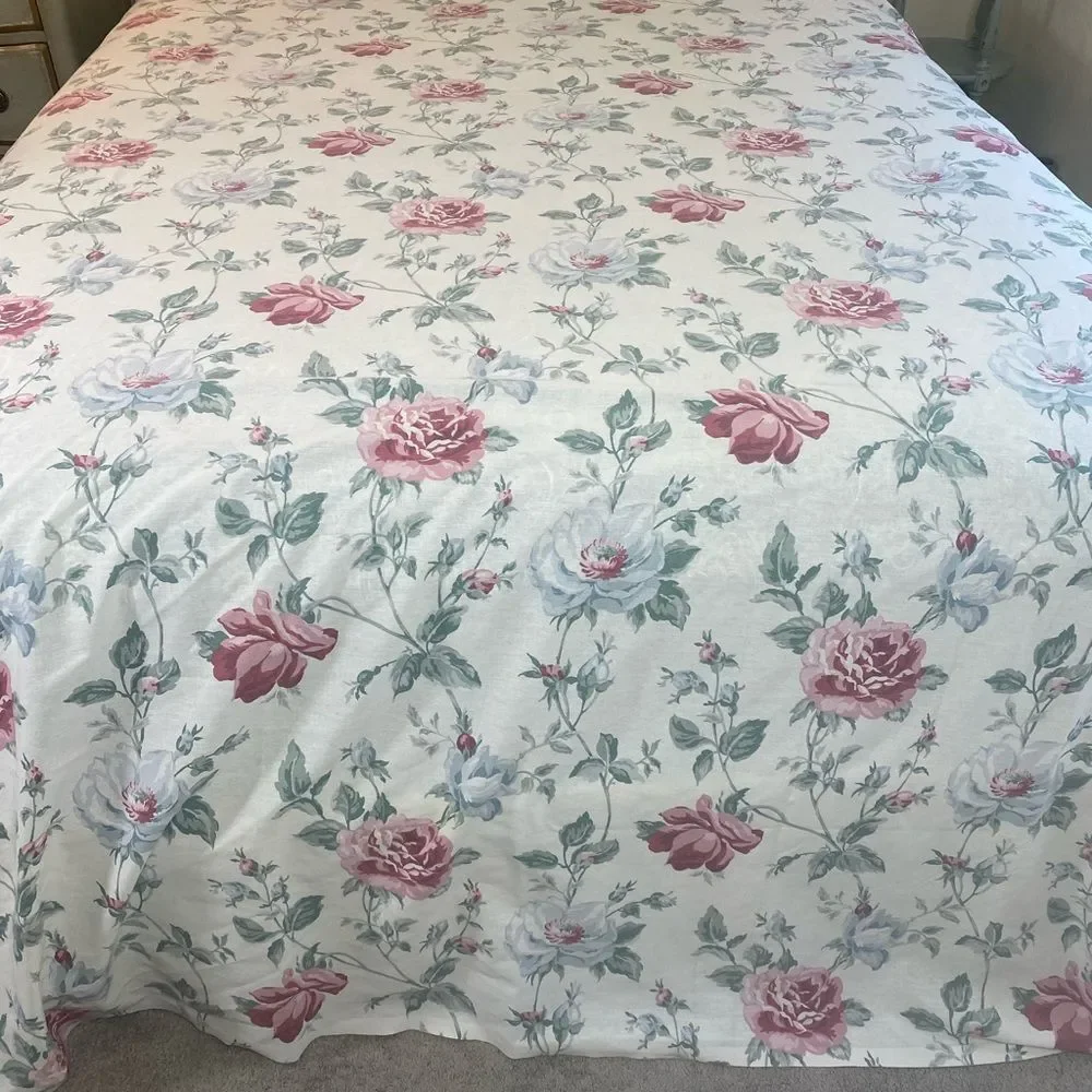 Vintage 70s floral flat sheet romanic pink and white roses